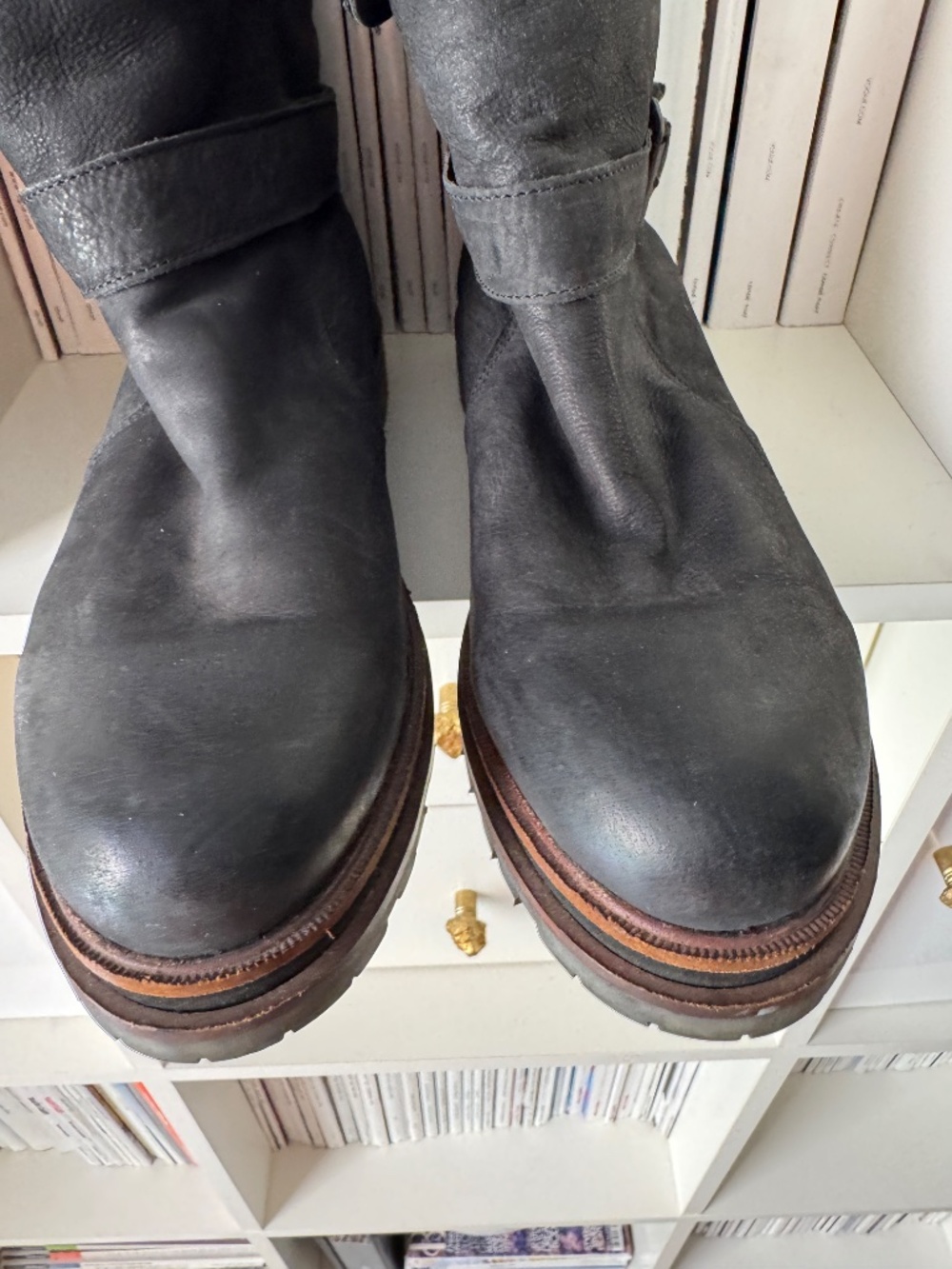 H by Hudson black leather motorcycle boots Nubuck chic moto buckle boot shoes - Picture 15 of 16